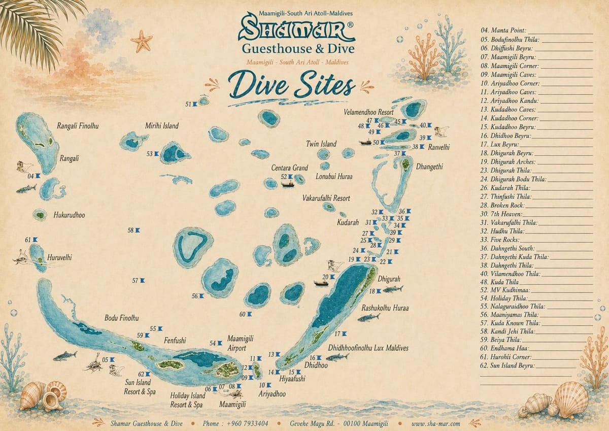 Hand-drawn map of the dive sites in South Ari Atoll: Maamigili in the south, around it the numbered sites from Manta Point to Sun Island Beyru, their names on the right.